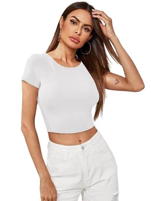 Women Short Sleeves Frost White Crop Top - MYLUXURY LANE ENTERPRISE