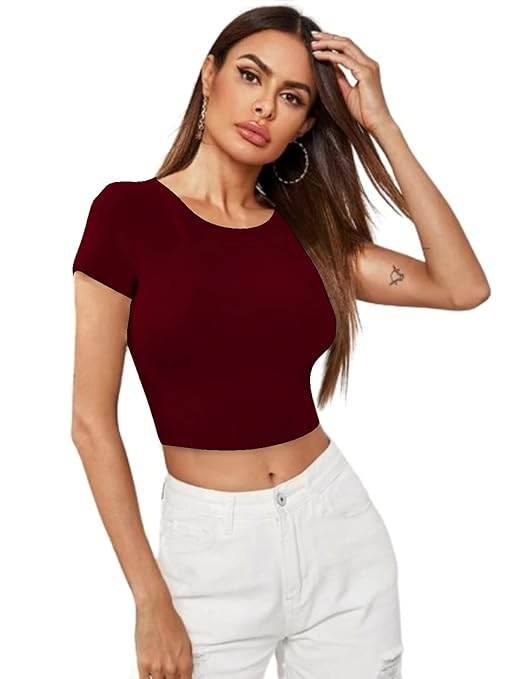 Women Short Sleeves Maroon Crop Top - MYLUXURY LANE ENTERPRISE
