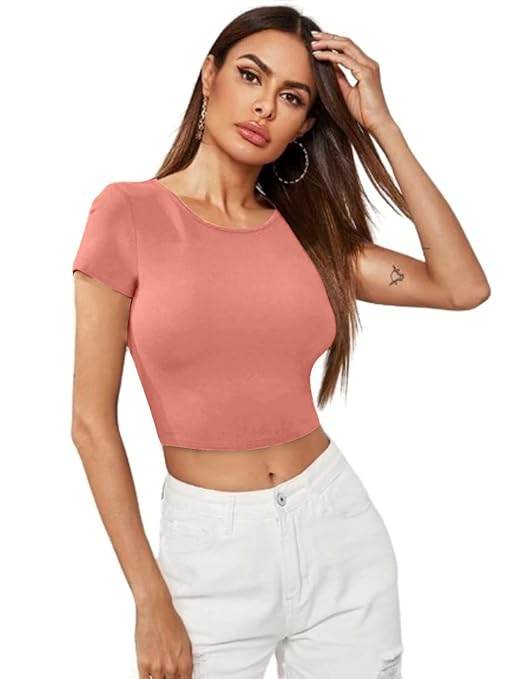 Women Short Sleeves Rose Peach Crop Top - MYLUXURY LANE ENTERPRISE