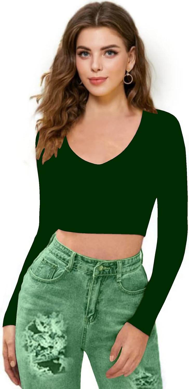 Women V-Neck Dark Green Crop Top - MYLUXURY LANE ENTERPRISE
