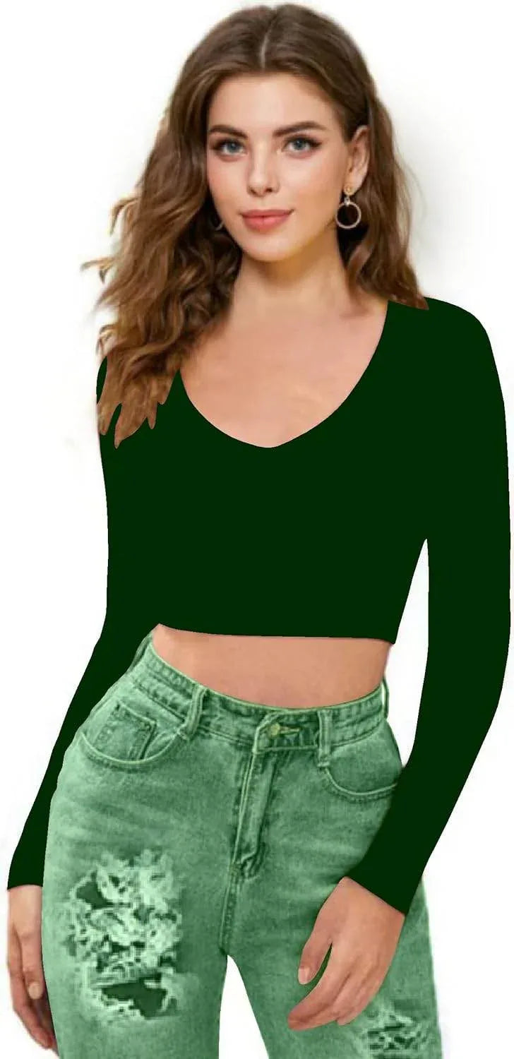 Women V-Neck Dark Green Crop Top - MYLUXURY LANE ENTERPRISE
