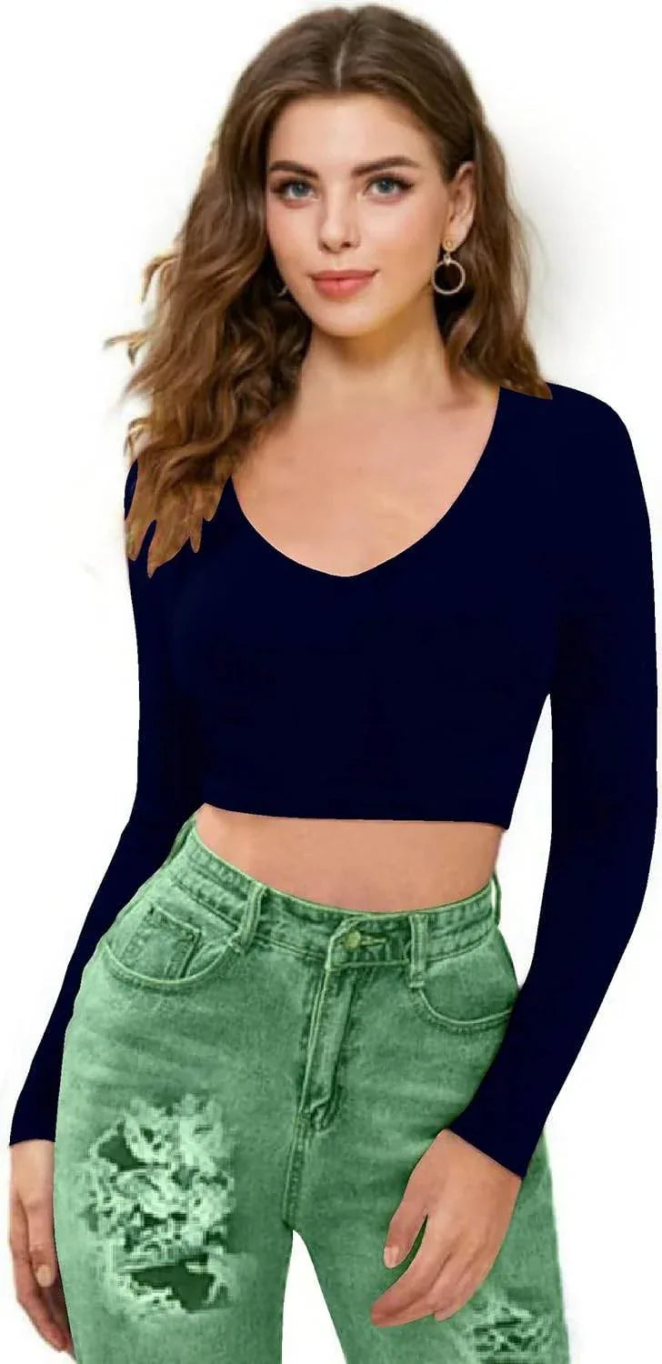 Women V-Neck Navy Blue Crop Top - MYLUXURY LANE ENTERPRISE