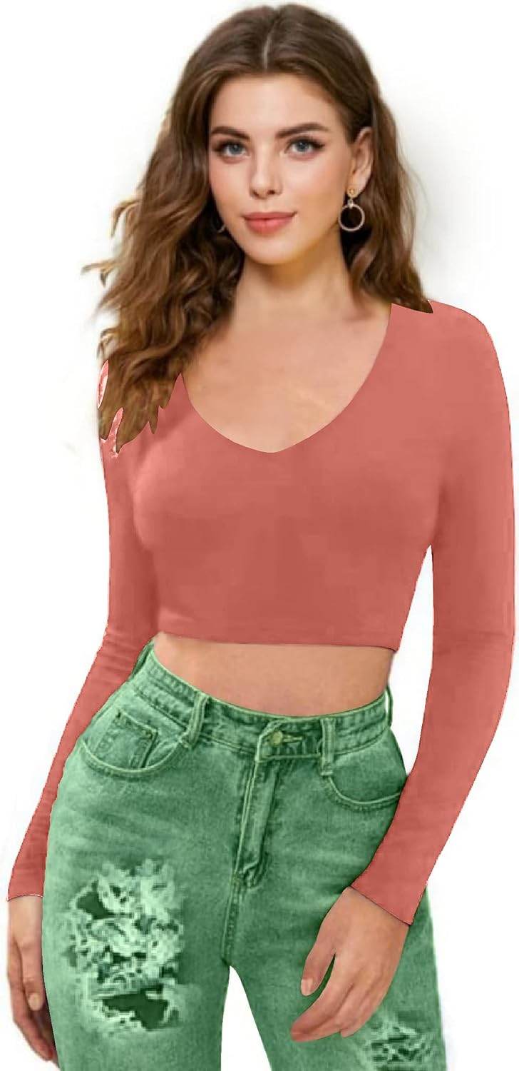Women V-Neck Rose Peach Crop Top - MYLUXURY LANE ENTERPRISE