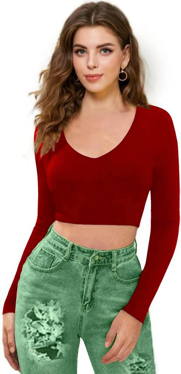 Women V-Neck Red Crop Top - MYLUXURY LANE ENTERPRISE