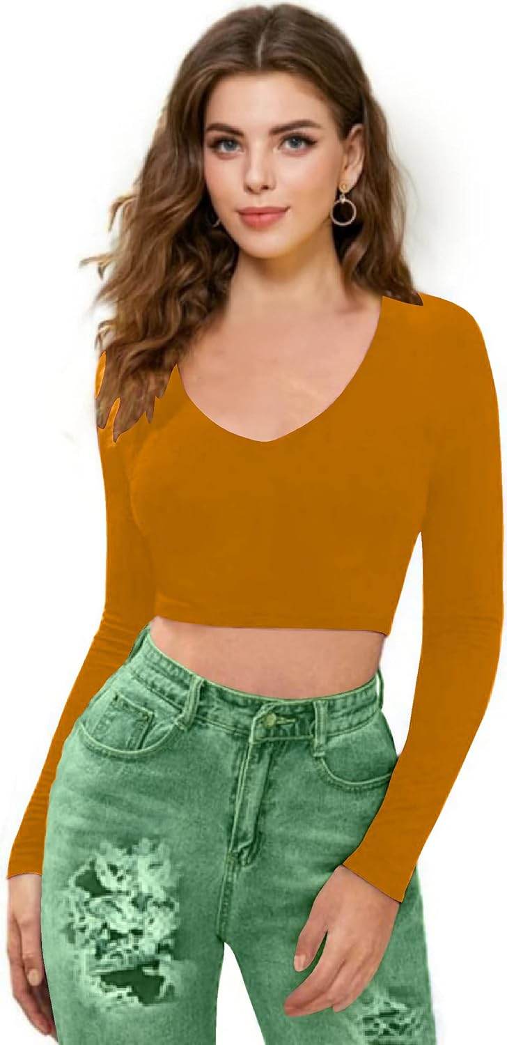 Women V-Neck Mustard Yellow Crop Top - MYLUXURY LANE ENTERPRISE