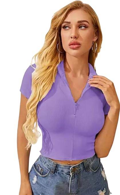 Women Collar V-Neck Lavender Crop Top - MYLUXURY LANE ENTERPRISE