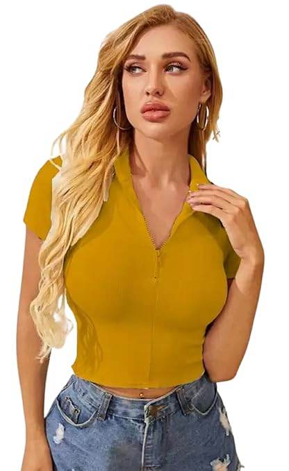 Women Collar V-Neck Mustard Yellow Crop Top - MYLUXURY LANE ENTERPRISE