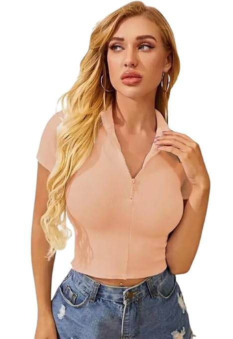Women Collar V-Neck Peach Crop Top - MYLUXURY LANE ENTERPRISE