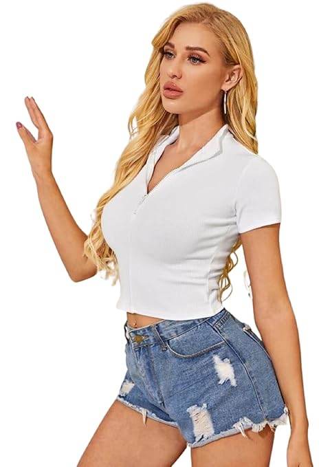 Women Collar V-Neck White Crop Top - MYLUXURY LANE ENTERPRISE