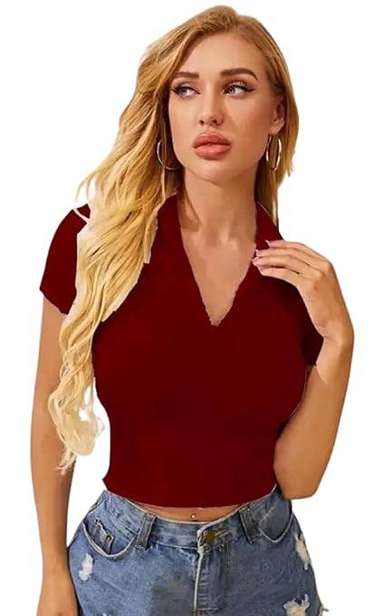 Women Collar V-Neck Maroon Crop Top - MYLUXURY LANE ENTERPRISE