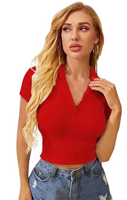 Women Collar V-Neck Red Crop Top - MYLUXURY LANE ENTERPRISE
