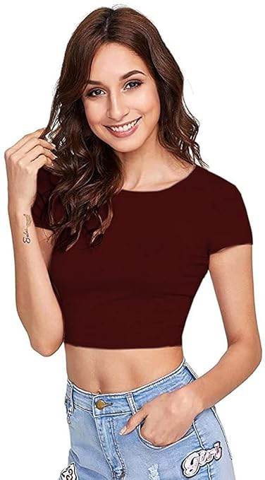 Women Round Neck Maroon Crop Top - MYLUXURY LANE ENTERPRISE