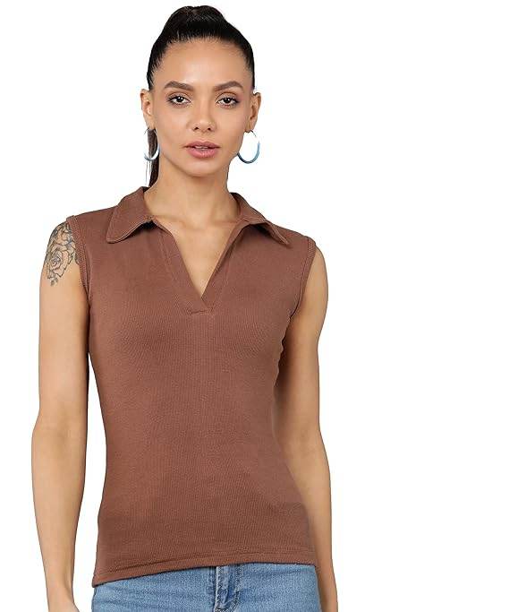 Women Collared Neck Brown Crop Top - MYLUXURY LANE ENTERPRISE