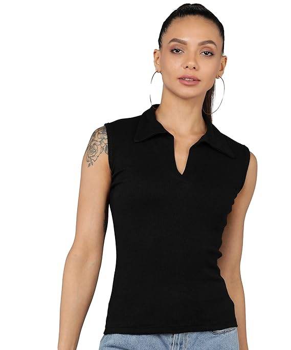 Women Collared Neck Black Crop Top - MYLUXURY LANE ENTERPRISE