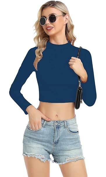 Women High Neck Dark Blue Crop Top - MYLUXURY LANE ENTERPRISE