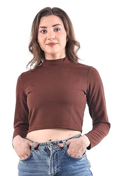Women High Neck Coffee Brown Crop Top - MYLUXURY LANE ENTERPRISE