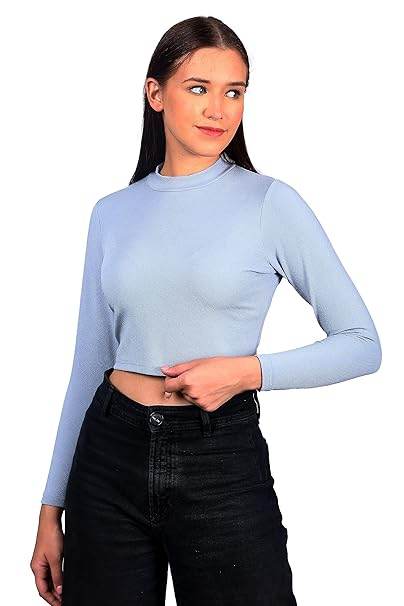 Women High Neck Light Blue Crop Top - MYLUXURY LANE ENTERPRISE