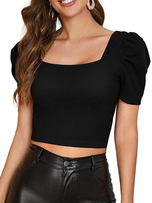 Women Puff Sleeve Black Crop Top - MYLUXURY LANE ENTERPRISE