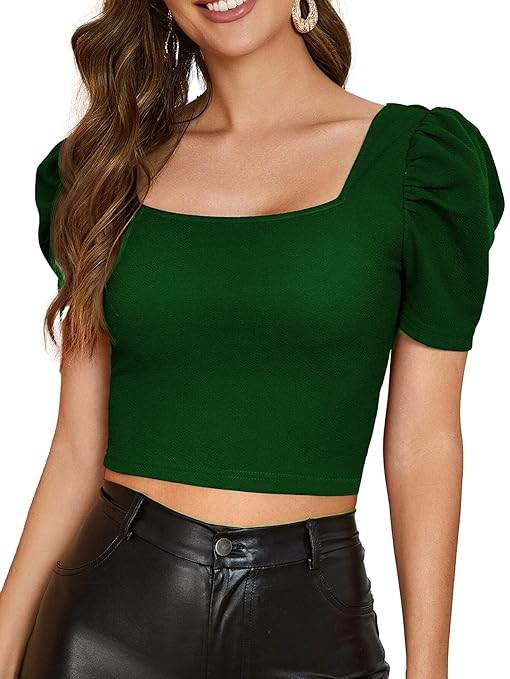 Women Puff Sleeve Green Crop Top - MYLUXURY LANE ENTERPRISE