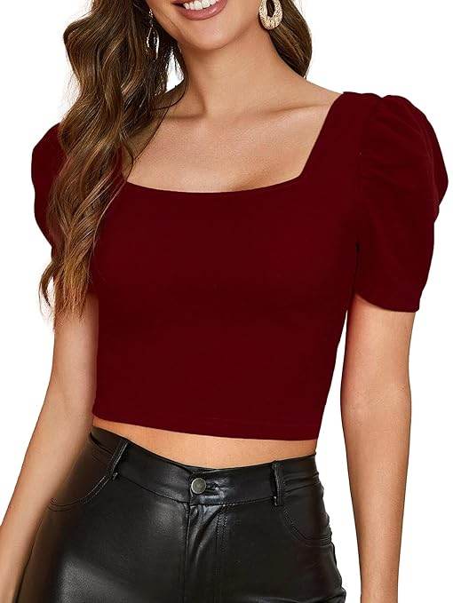 Women Puff Sleeve Maroon Crop Top - MYLUXURY LANE ENTERPRISE