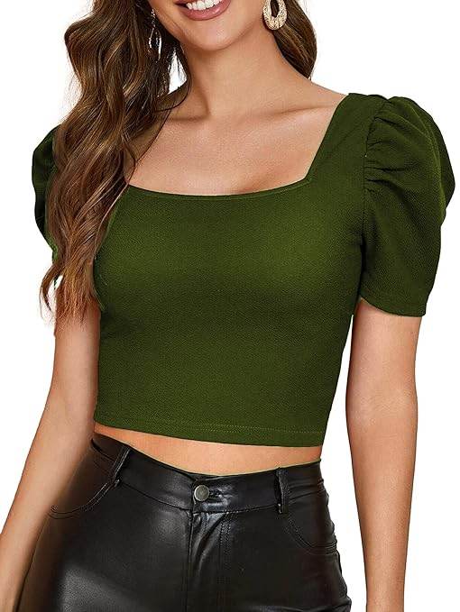 Women Puff Sleeve Mehndi Crop Top - MYLUXURY LANE ENTERPRISE