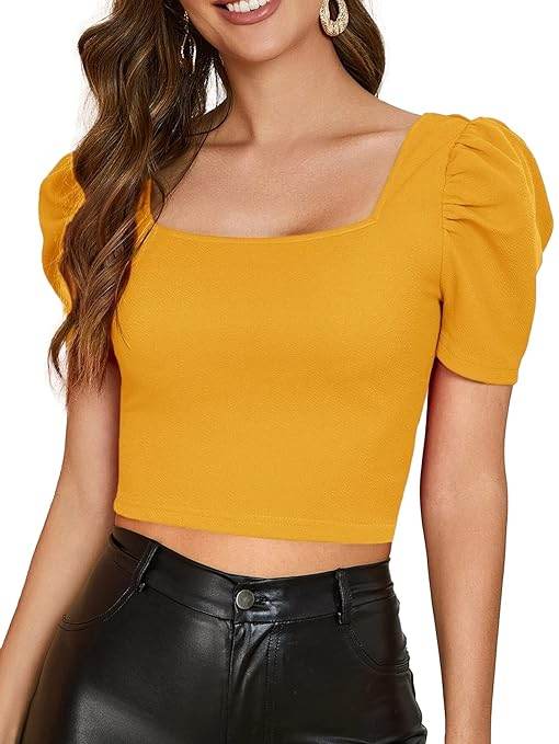 Women Puff Sleeve Mustard Crop Top - MYLUXURY LANE ENTERPRISE