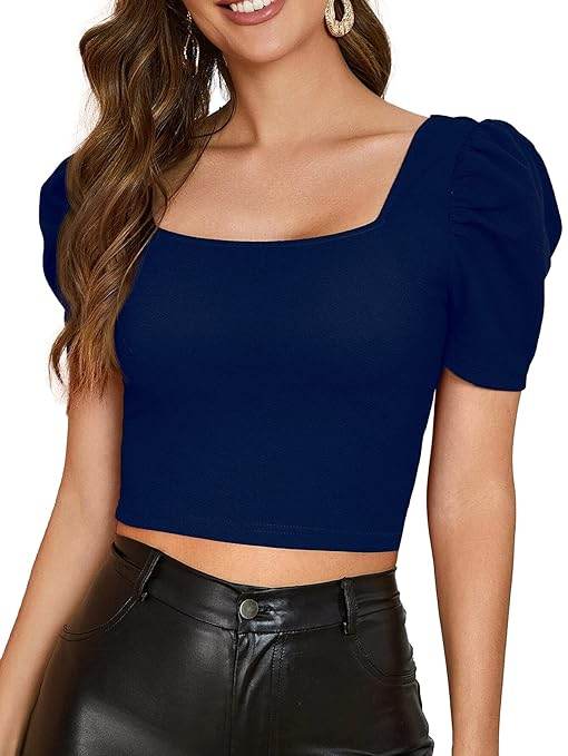 Women Puff Sleeve Navy Blue Crop Top - MYLUXURY LANE ENTERPRISE