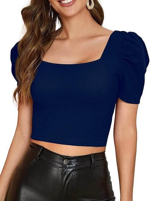 Women Puff Sleeve Navy Blue Crop Top - MYLUXURY LANE ENTERPRISE