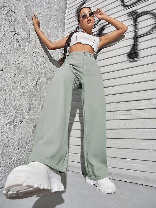 Womens High Rise Wide Light Moss Green Jeans - MYLUXURY LANE ENTERPRISE