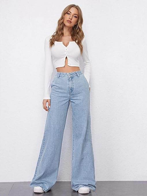 Womens High Rise Wide Light Blue Jeans - MYLUXURY LANE ENTERPRISE