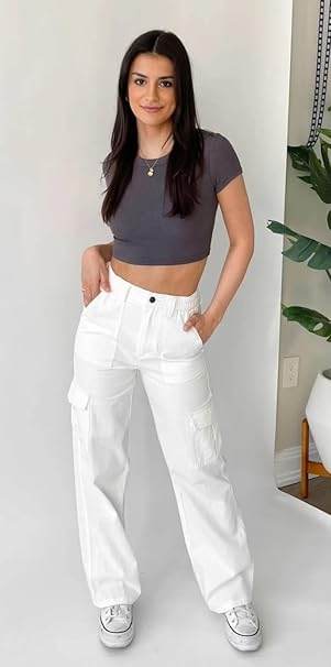 Women High Waist Cargo White Jeans - MYLUXURY LANE ENTERPRISE