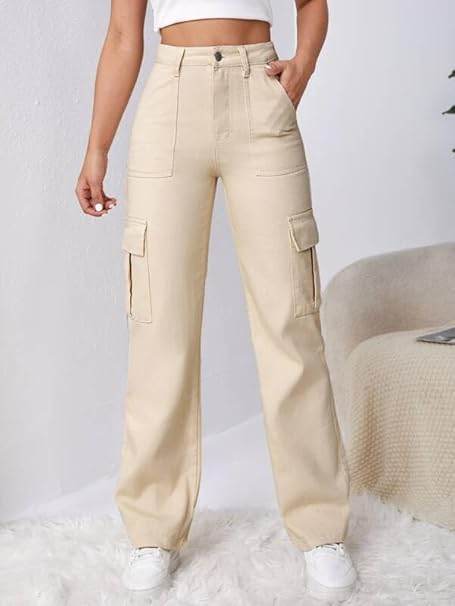 Women High Waist Cargo Cream Jeans - MYLUXURY LANE ENTERPRISE