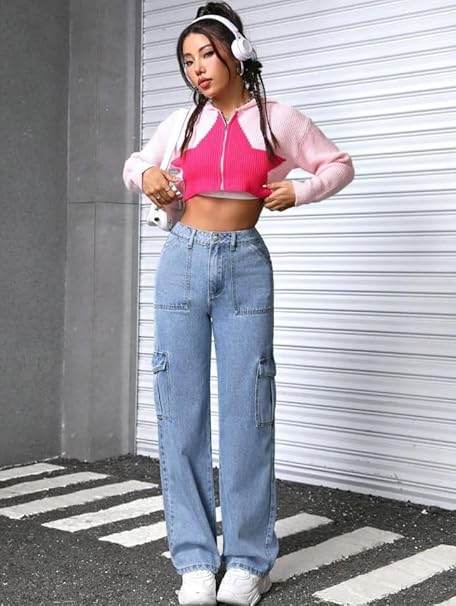 Women High Waist Cargo Light Blue Jeans - MYLUXURY LANE ENTERPRISE