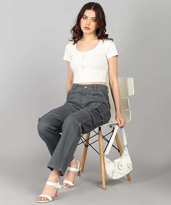 Women Cargo Light Grey Jeans - MYLUXURY LANE ENTERPRISE
