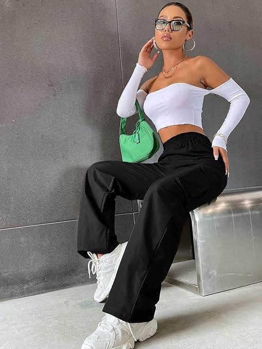 Women Solid Cargo Black Pants - MYLUXURY LANE ENTERPRISE