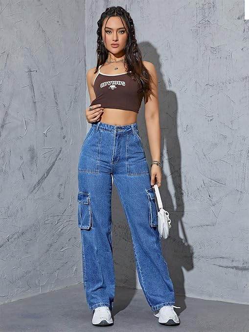 Women's Cargo Steel Blue Jeans - MYLUXURY LANE ENTERPRISE