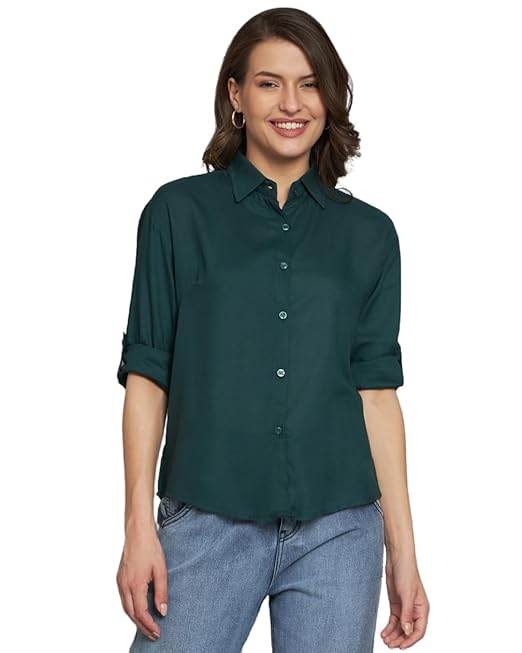 Women Long Sleeves Cotton Bottle Green Shirt - MYLUXURY LANE ENTERPRISE