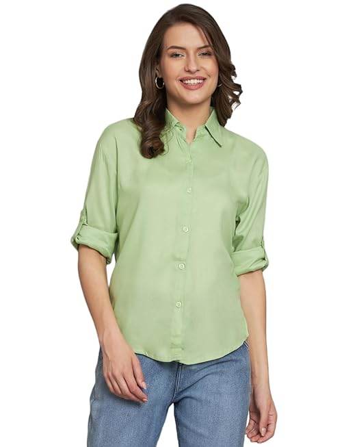 Women Long Sleeves Cotton Pista Green Shirt - MYLUXURY LANE ENTERPRISE