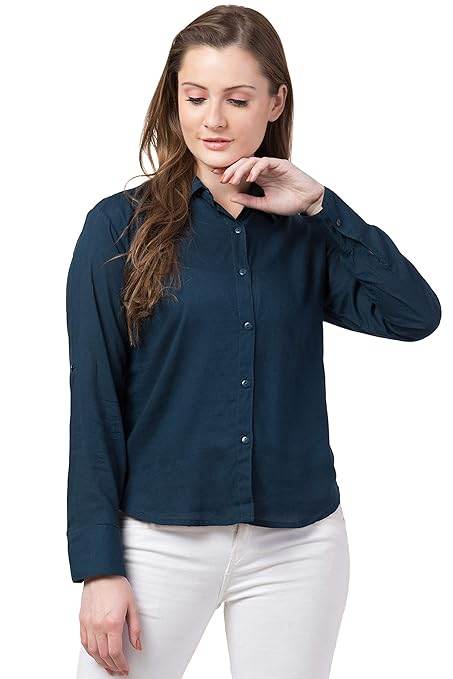 Women Long Sleeves Cotton Dark Blue Shirt - MYLUXURY LANE ENTERPRISE