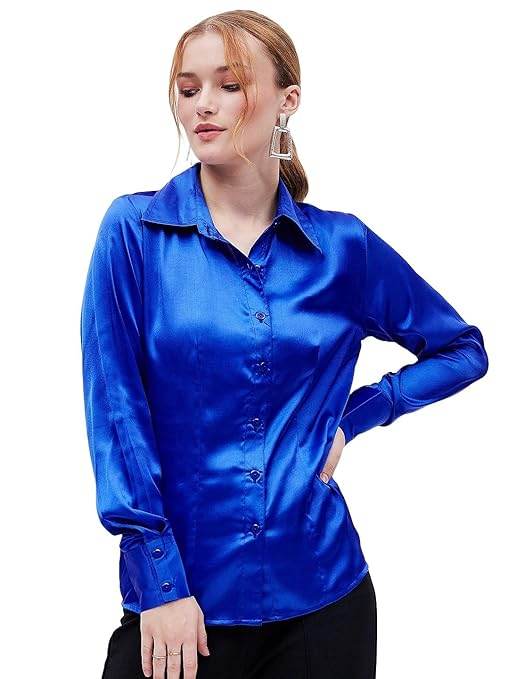 Women Formal Solid Satin Blue Shirt - MYLUXURY LANE ENTERPRISE