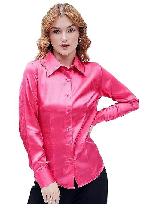 Women Formal Solid Satin Dark Pink Shirt - MYLUXURY LANE ENTERPRISE