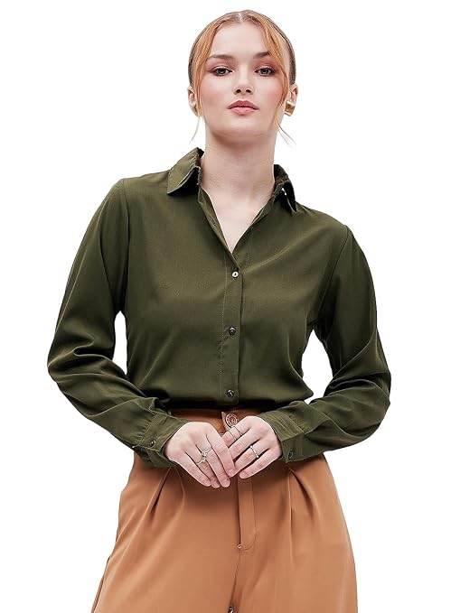 Women Formal Solid Satin Green Shirt - MYLUXURY LANE ENTERPRISE
