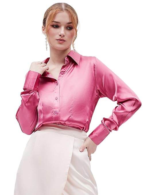 Women Formal Solid Satin Pink Shirt - MYLUXURY LANE ENTERPRISE