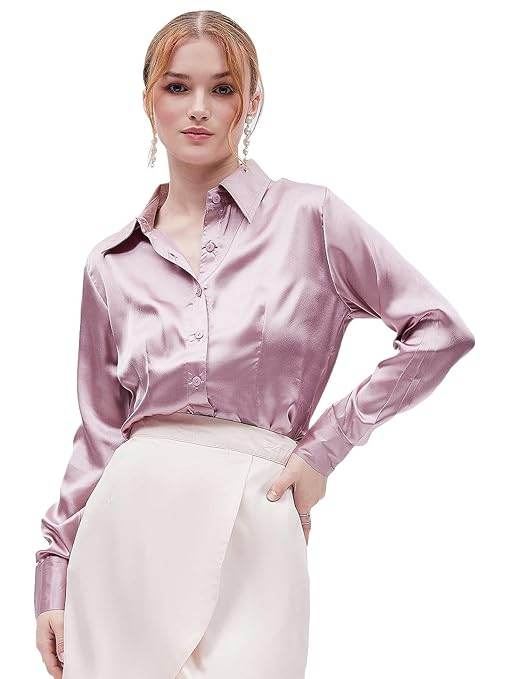 Women Formal Solid Satin Purple Shirt - MYLUXURY LANE ENTERPRISE