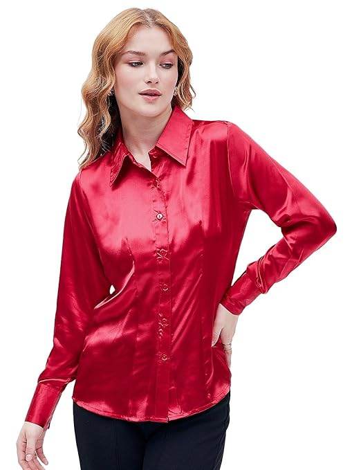 Women Formal Solid Satin Red Shirt - MYLUXURY LANE ENTERPRISE