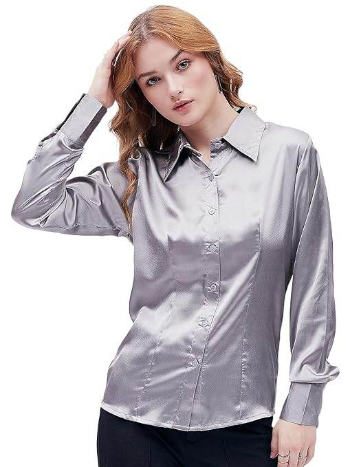 Women Formal Solid Satin Silver Shirt - MYLUXURY LANE ENTERPRISE