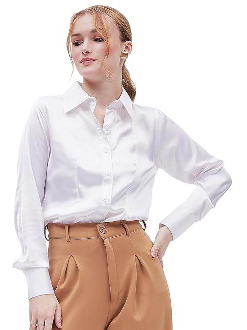 Women Formal Solid Satin Brown Shirt - MYLUXURY LANE ENTERPRISE