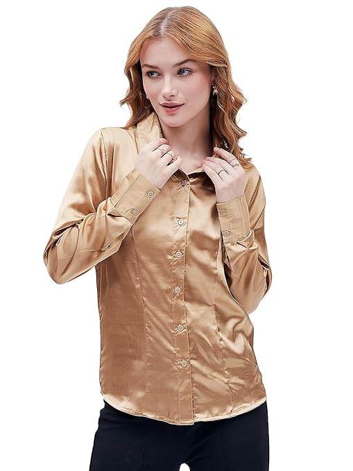 Women Formal Solid Satin Golden Shirt - MYLUXURY LANE ENTERPRISE