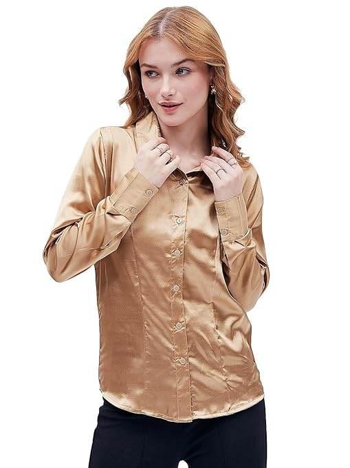 Women Formal Solid Satin Golden Shirt - MYLUXURY LANE ENTERPRISE