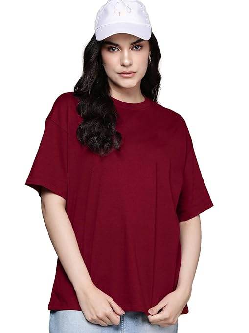 Women Oversized Half Sleeve Maroon Tshirt - MYLUXURY LANE ENTERPRISE